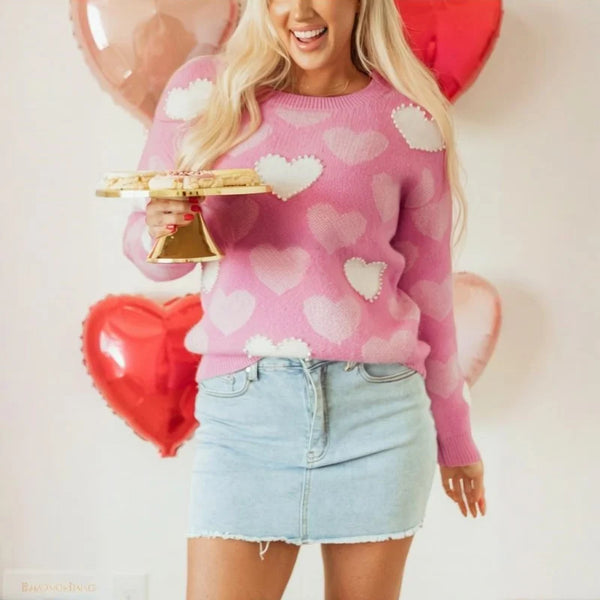 Momma & Me Matching Pink White Pearl Hearts Sweater for Girls & Women