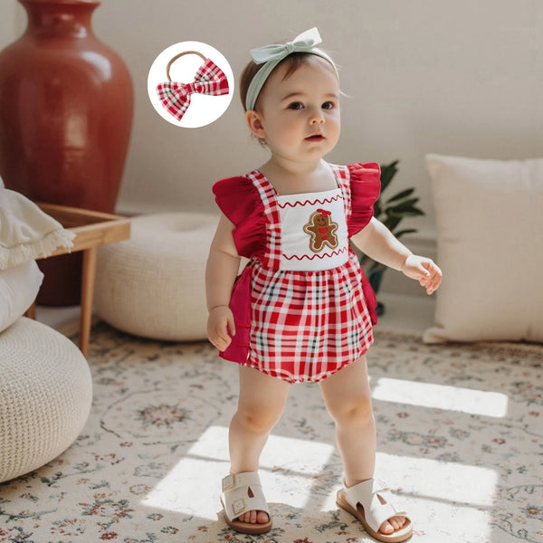 Gingerbread Cookie Plaid Holiday Romper for Baby Girls