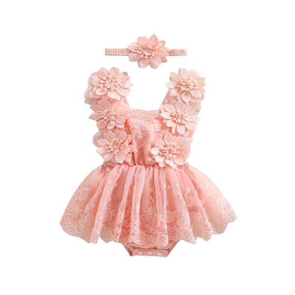 Lacey Baby Special Occasion Romper Dress with Matching Flower Headband