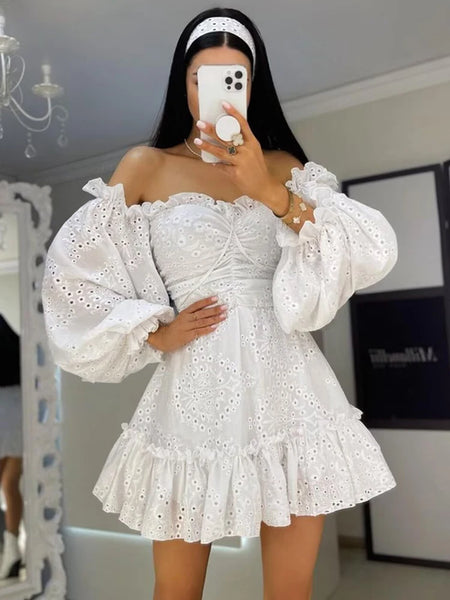 Blanca Off The Shoulder White Eyelet Sweetheart Mini Dress for Women & Teens