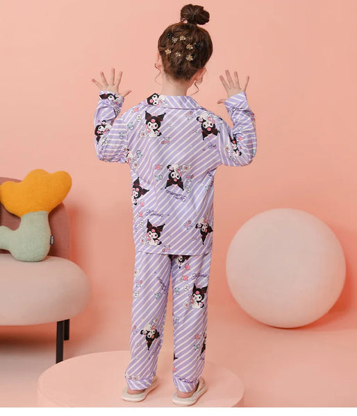 Silky Satin Purple Striped Kuromi™ Button Down PJs for Toddlers, Girls, & Tweens