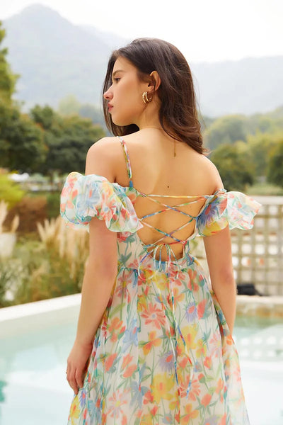 The Lisa Floral Chiffon Lace-up Back Midi Dress for Women