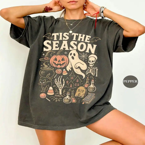 'Tis the Season Retro Wash Halloween Tee for Women & Teens