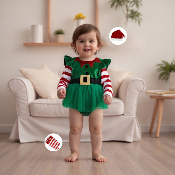 Little Elfin Christmas Elf Romper Outfit Set for Baby Girls