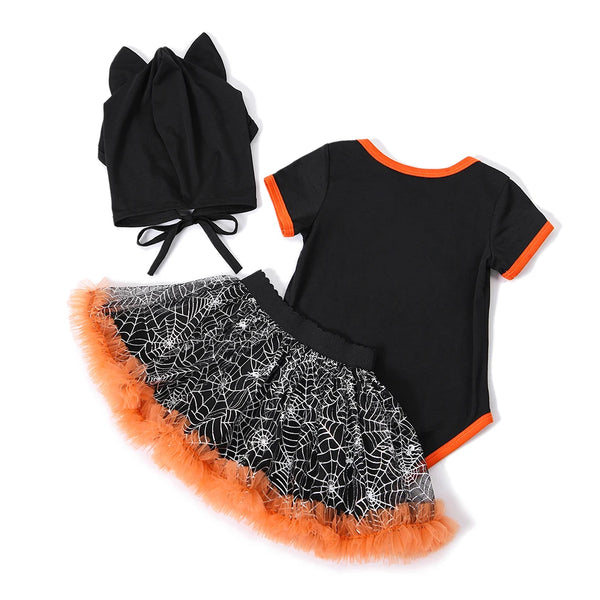 Halloween Pumpkin Onesie, Bat Ears Hat, and Tutu Set for Baby Girls