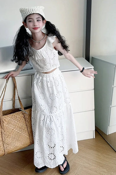 Coquette White Eyelet Matching Bardot-Style Top & Long Skirt Set for Girls