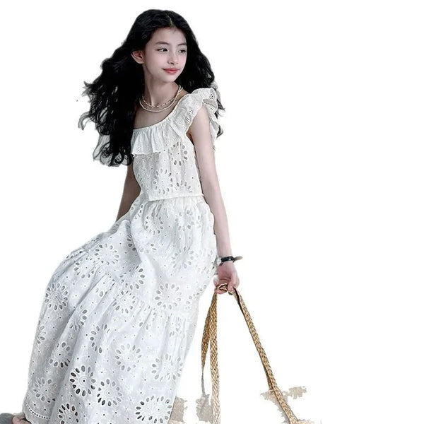 Coquette White Eyelet Matching Bardot-Style Top & Long Skirt Set for Girls
