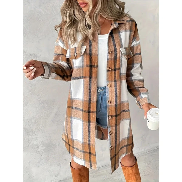 Sara Plus-Size Women's Longline Button Down Shacket in Toffee