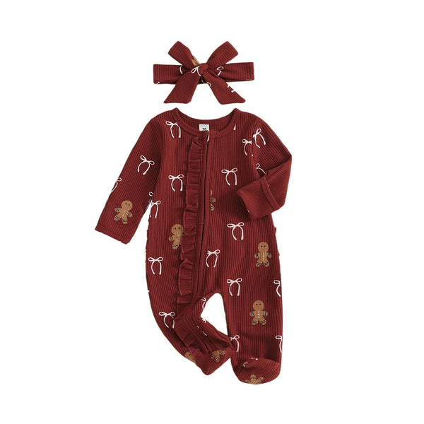 Christmas Print Adorable Holiday Lounge Footed Romper with Matching Bow