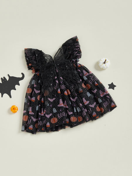 Halloween Butterfly Sparkly Black Tulle Dress with Sparkly Black Wings for Baby Girls