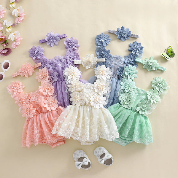 Lacey Baby Special Occasion Romper Dress with Matching Flower Headband