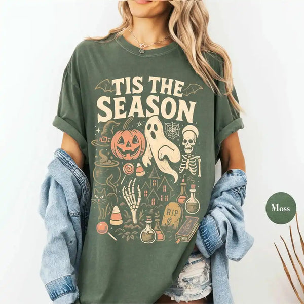 'Tis the Season Retro Wash Halloween Tee for Women & Teens