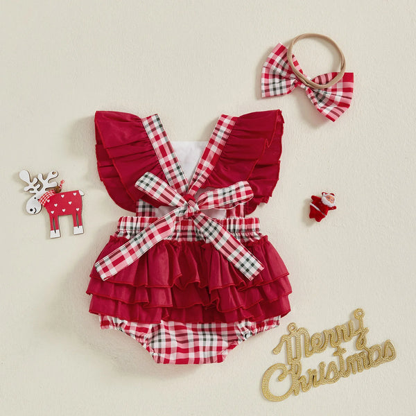 Gingerbread Cookie Plaid Holiday Romper for Baby Girls
