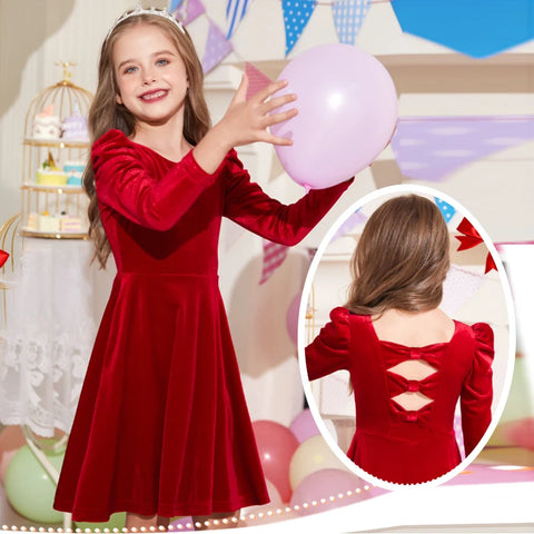 Bow Back Velvet Twirl Dress for Little Girls