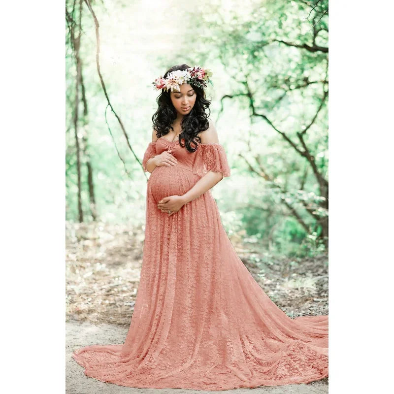 Mama Off-The Shoulder Lace Maternity Maxi Dress Olive Green / L Mama Off-The Shoulder Lace Maternity Maxi Dress Olive Green / L