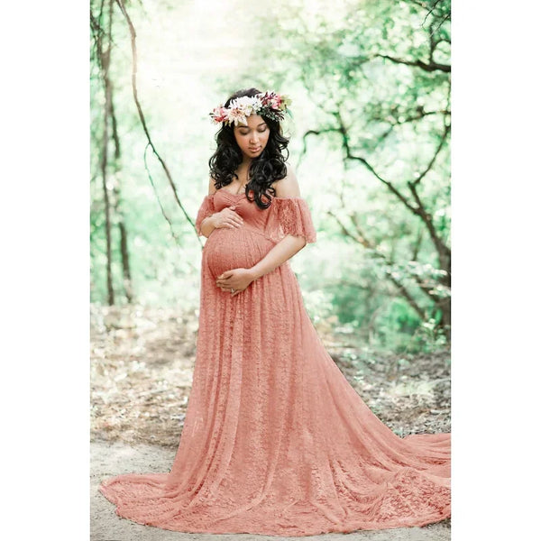 Mama Off-The Shoulder Lace Maternity Maxi Dress