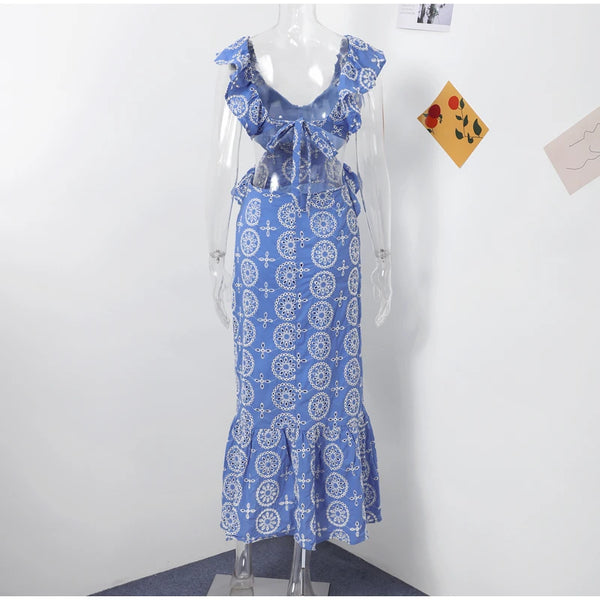 Women's Boho Blue Side Cut-Out Ruffle Dress