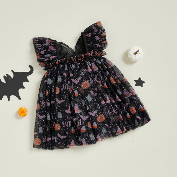 Halloween Butterfly Sparkly Black Tulle Dress with Sparkly Black Wings for Baby Girls