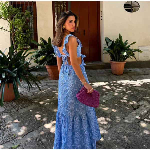 Women's Boho Blue Side Cut-Out Ruffle Dress