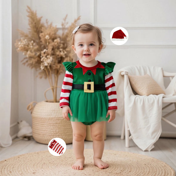 Little Elfin Christmas Elf Romper Outfit Set for Baby Girls
