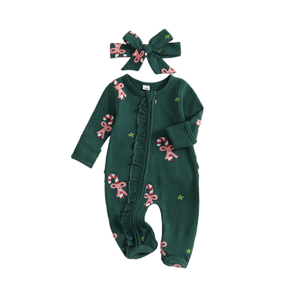 Christmas Print Adorable Holiday Lounge Footed Romper with Matching Bow
