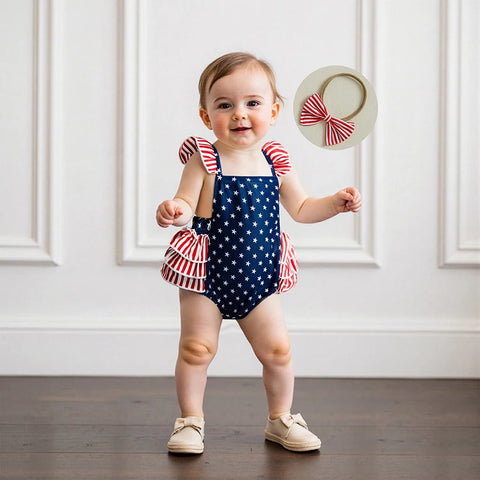 Stars, Stripes, & Ruffles Romper + Headband for Baby Girls