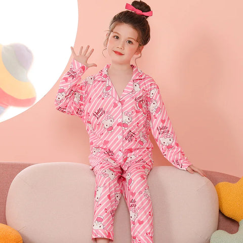 Silky Satin Pink Striped Hello Kitty™ Button-Down PJs for Toddlers, Girls, & Tweens