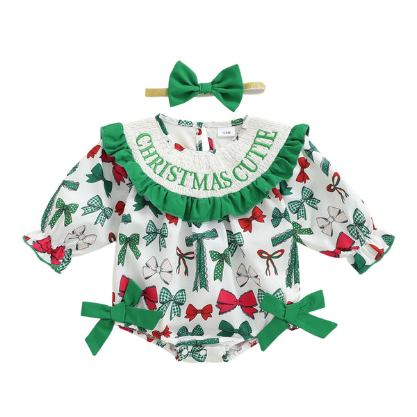 Christmas Cutie Adorable Holiday Romper with Matching Bow