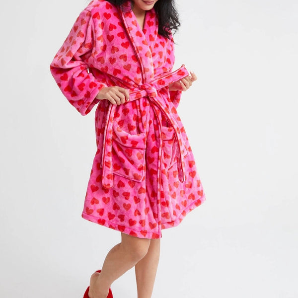 Multi-Heart Print Pink Plush Kimono Robe