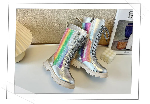 The Rainbow Lace-Up Iridescent Boots for Girls