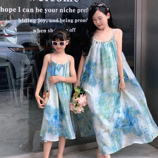 Momma & Me Matching: Aqua Splash Loose and Flowy Midi Beach Dress