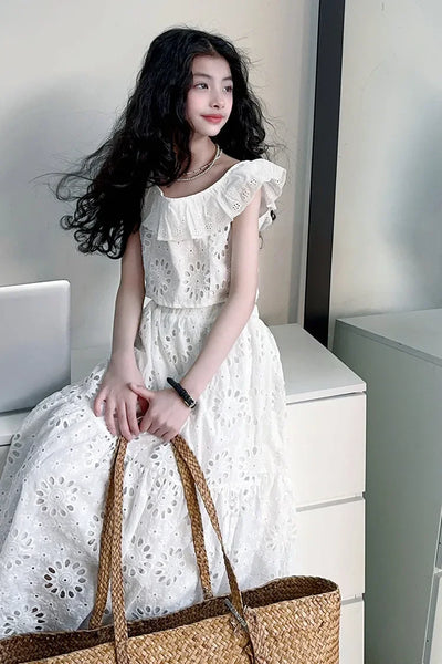 Coquette White Eyelet Matching Bardot-Style Top & Long Skirt Set for Girls
