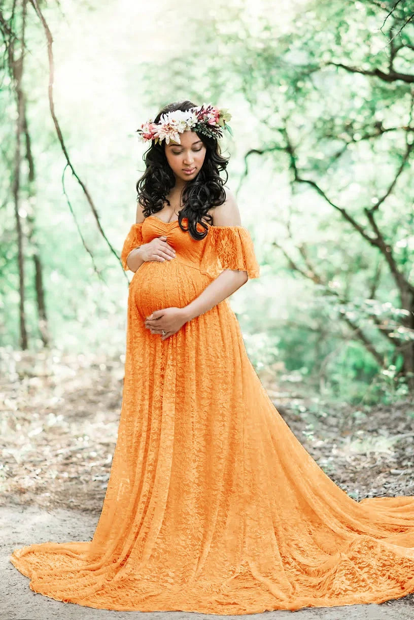 orange maternity dress Elegant Off Shoulder Maternity Photoshoot Dress, Orange / L