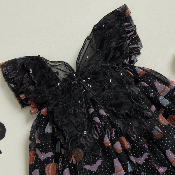 Halloween Butterfly Sparkly Black Tulle Dress with Sparkly Black Wings for Baby Girls