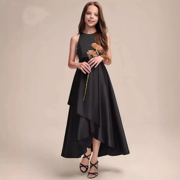 Agatha Sleeveless Black Satin Semi-formal Dress for Girls