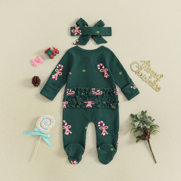 Christmas Print Adorable Holiday Lounge Footed Romper with Matching Bow