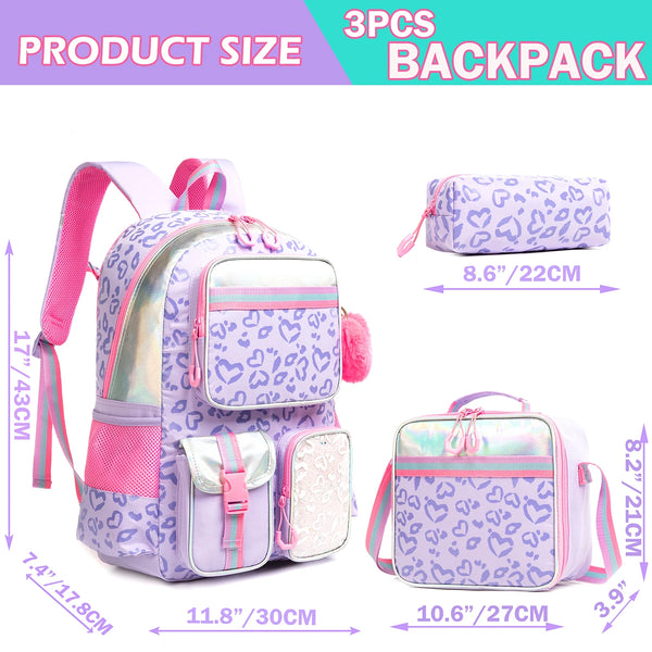 Girls Heart Leopard Print Backpack Set