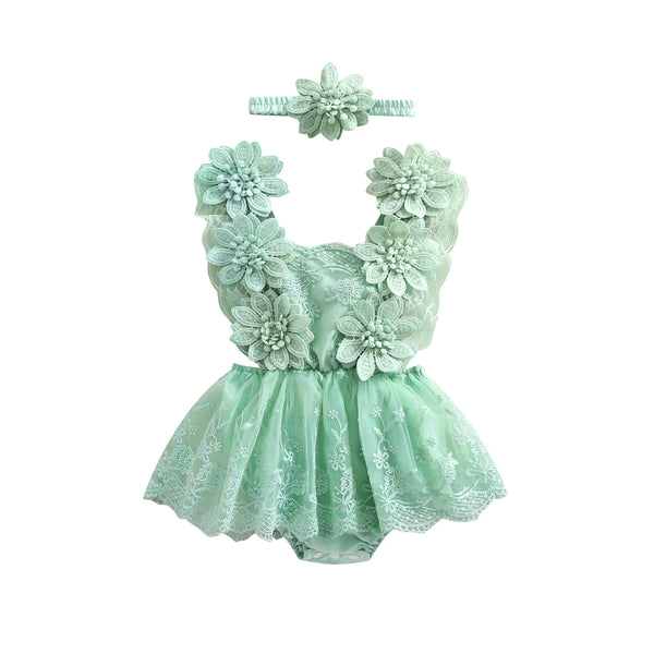 Lacey Baby Special Occasion Romper Dress with Matching Flower Headband