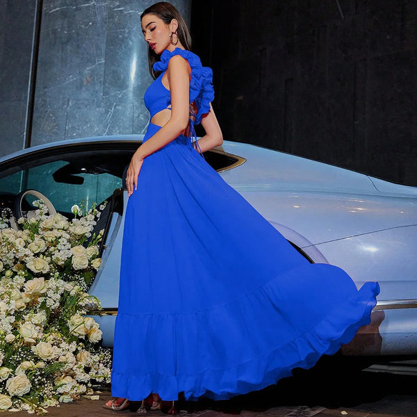 Floral Strappy Back Zig-Zag Side Cut-Out Formal Dress for Women