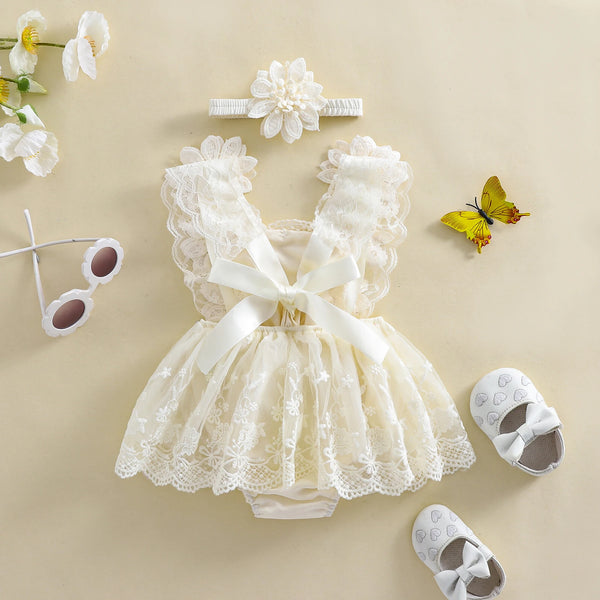 Lacey Baby Special Occasion Romper Dress with Matching Flower Headband