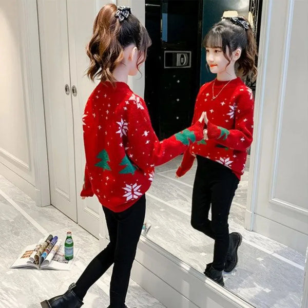 Red Holiday Christmas Sweater for Little Girls & Tweens