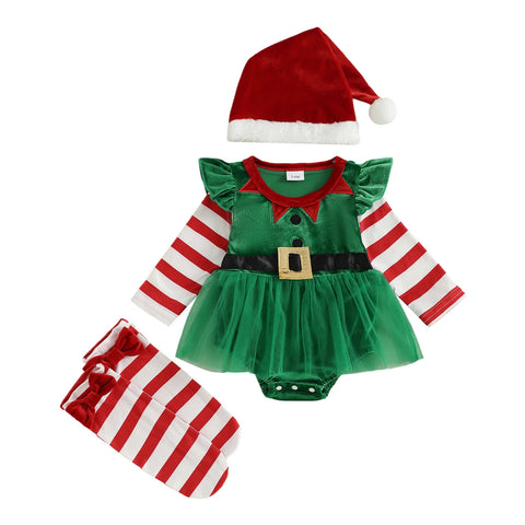 Little Elfin Christmas Elf Romper Outfit Set for Baby Girls