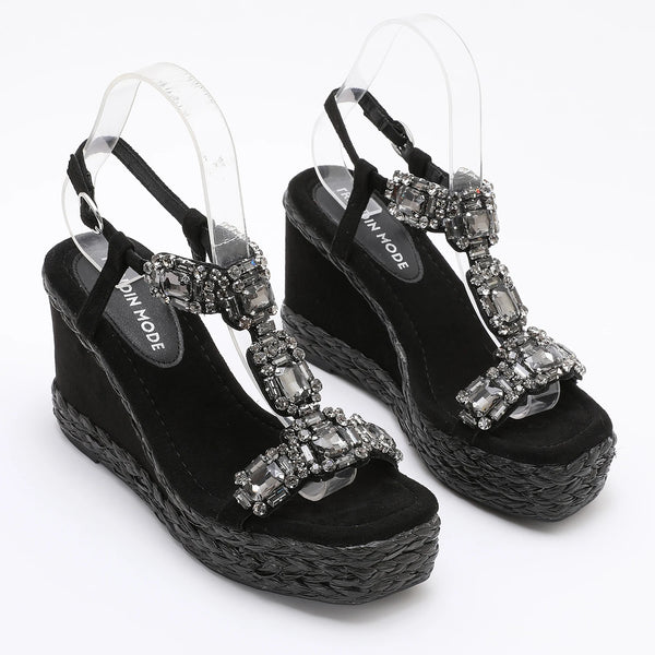 Greta Brushed Suede T-Strap Jeweled Sandal