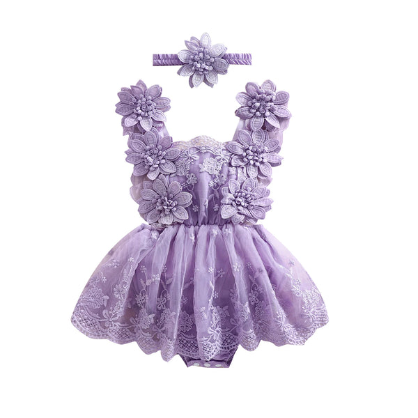 Lacey Baby Special Occasion Romper Dress with Matching Flower Headband