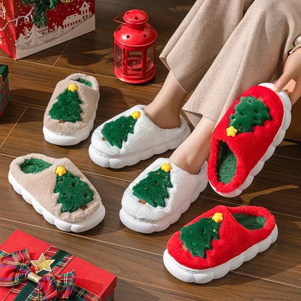 Fluffy Christmas Tree Slippers for Women & Teens