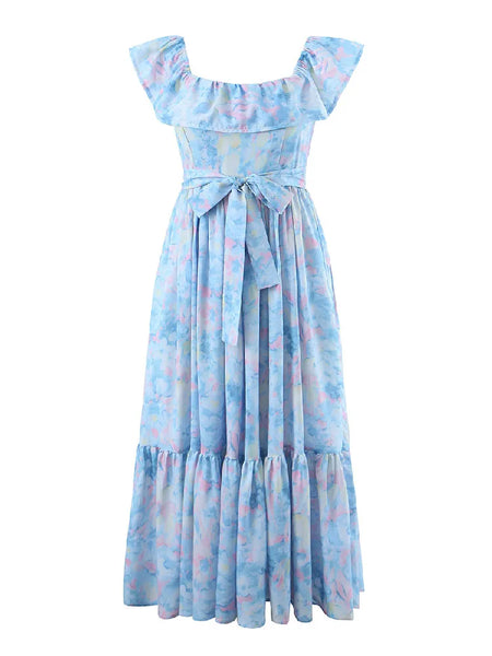 Blue Watercolor Off-The Shoulder Maxi Dress for Women