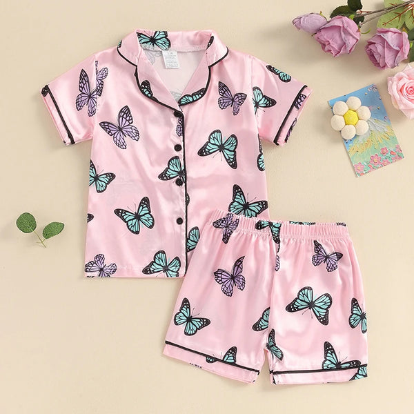 Pink Mariposa Satin Pjs for Toddler & Little Girls