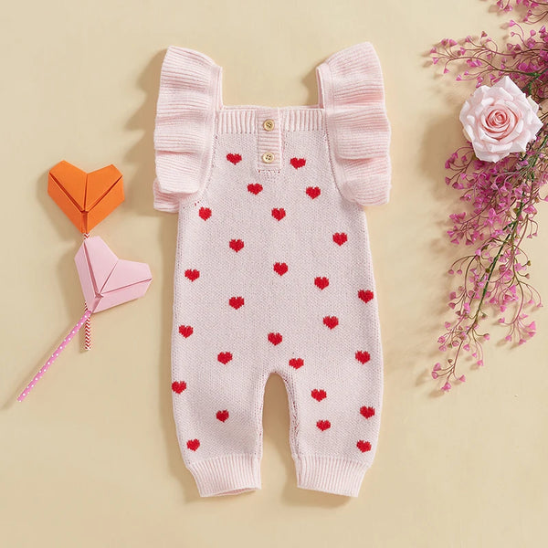 Tiny Hearts Flutter Sleeve Sweater Romper Jumpsuit for Baby Girls