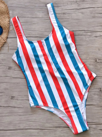 American Stripes Zip-Front One Piece Bathing Suit for Women