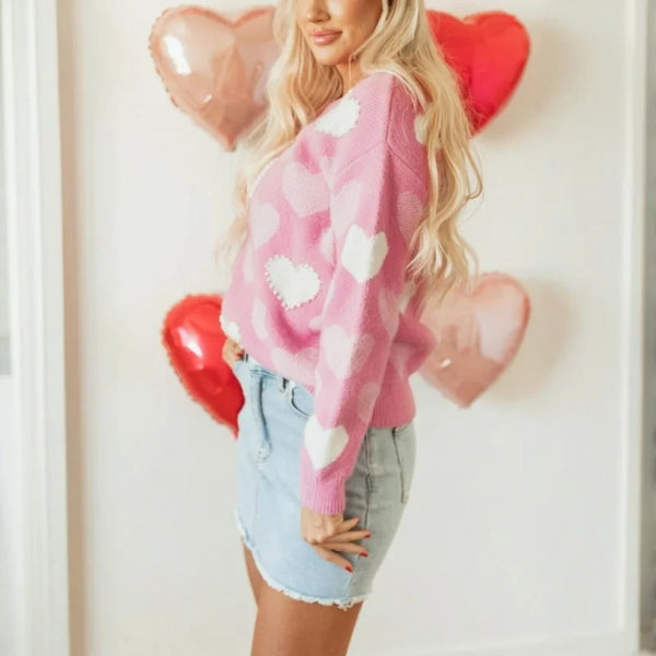 Momma & Me Matching Pink White Pearl Hearts Sweater for Girls & Women